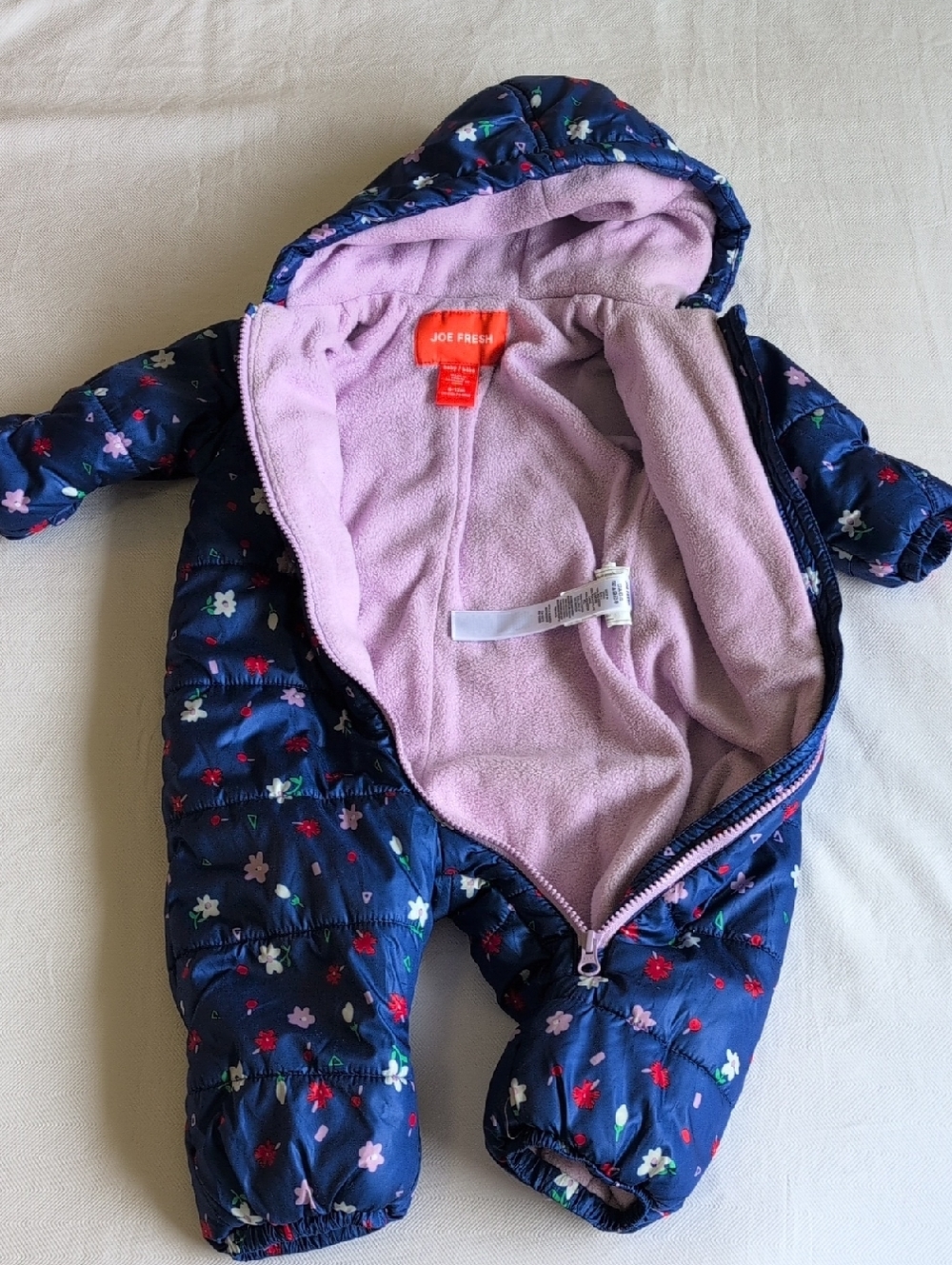Joe Fresh Floral Puffer Snowsuit Fleece Lined One Piece Bunting Baby Girl 6-12M - Picture 7 of 9